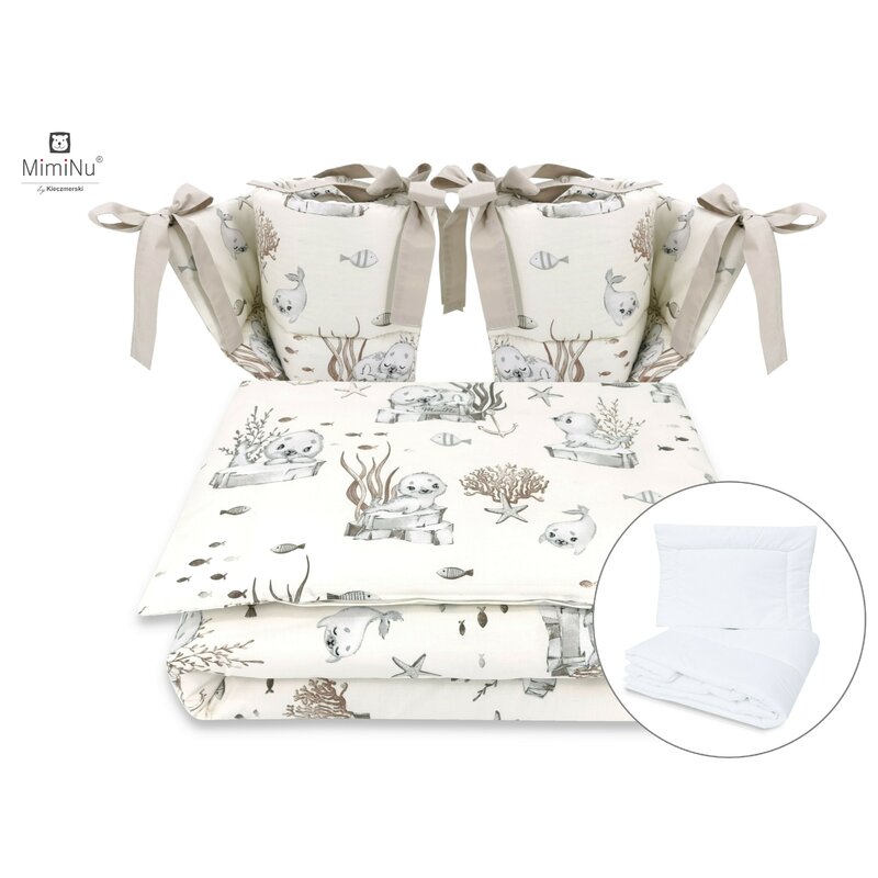 Lenjerie pătuț cu 6 piese pentru pat 120×60 cm, cu pilotă și pernă, apărători laterale, Bumbac, MimiNu, Seal Beige