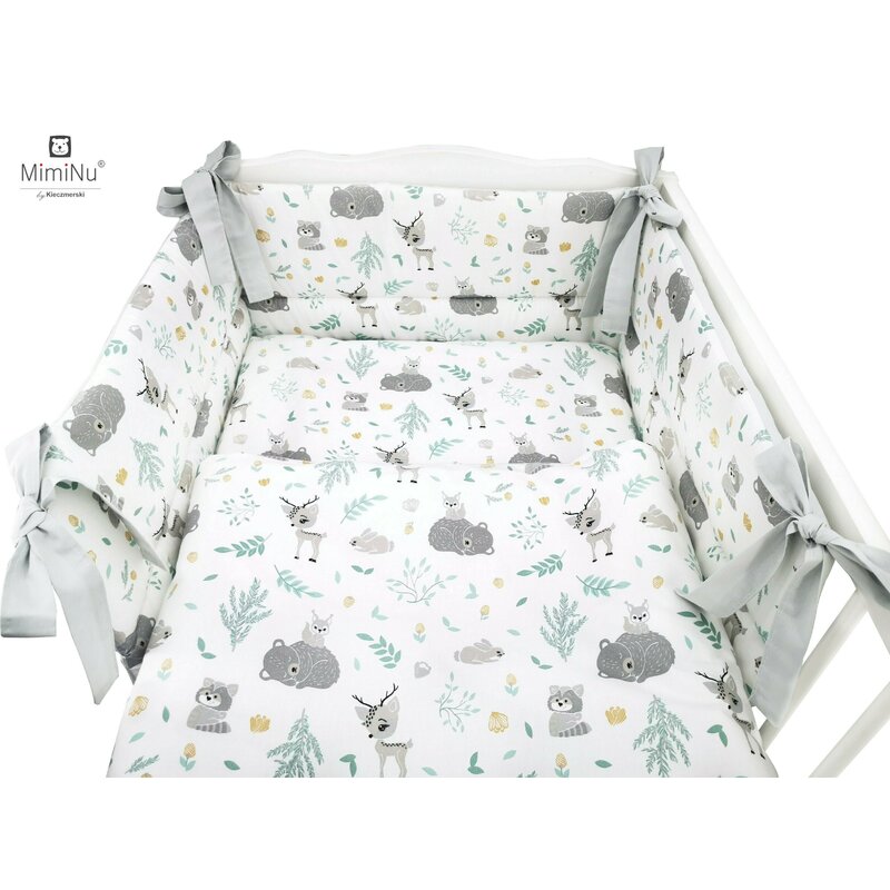 Lenjerie pătuț cu 6 piese pentru pat 120×60 cm, cu pilotă și pernă, apărători laterale, Bumbac, MimiNu, Forest Friends Mint - Image 5