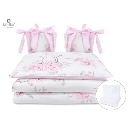 Lenjerie pătuț cu 6 piese pentru pat 120×60 cm, cu pilotă și pernă, apărători laterale, Bumbac, MimiNu, Peonie Pink