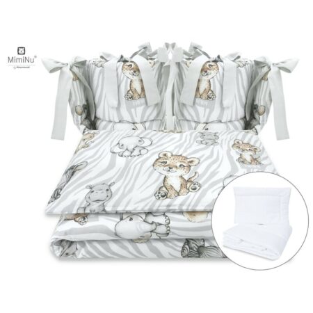 Lenjerie pătuț cu 6 piese pentru pat 120×60 cm, cu pilotă și pernă, apărători laterale, Bumbac, MimiNu, Safari Natural