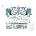Lenjerie pătuț cu 6 piese pentru pat 120×60 cm, cu pilotă și pernă, apărători laterale, Bumbac, MimiNu, Sweet Deer Mint