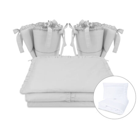 Lenjerie pătuț 6 piese cu pilotă, pernă și 2 apărători laterale din bumbac, 120×60 cm, MimiNu, Colectia Royal, Grey