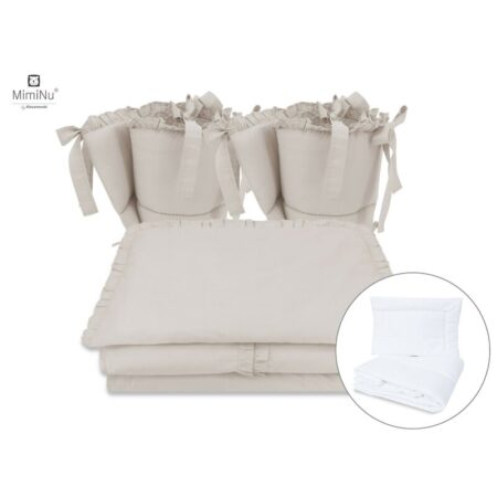 Lenjerie pătuț 6 piese cu pilotă, pernă și 2 apărători laterale din bumbac, 120×60 cm, MimiNu, Colectia Royal, Beige