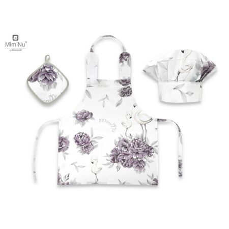 Set micuțul bucătar cu șorț, bonetă reglabilă și prosop bucătărie, Bumbac, +3 ani, MimiNu, Peonie Plum