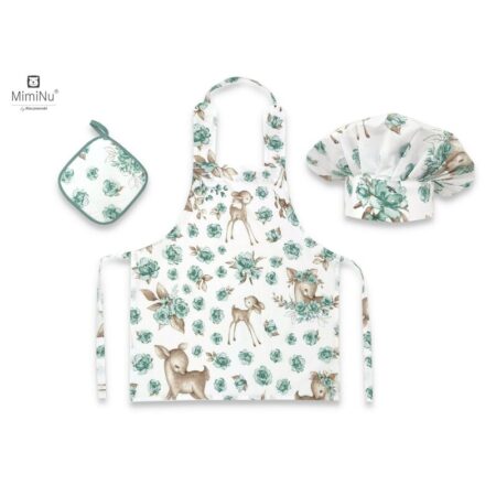 Set micuțul bucătar cu șorț, bonetă reglabilă și prosop bucătărie, Bumbac, +3 ani, MimiNu, Sweet Deer Mint