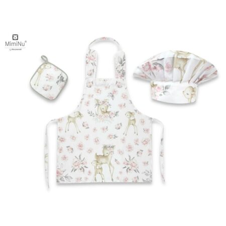 Set micuțul bucătar cu șorț, bonetă reglabilă și prosop bucătărie, Bumbac, +3 ani, MimiNu, Sweet Deer Pink