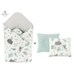 Set păturică de înfășat cu pernă profilată, 75x75 cm, cu două fețe, MimiNu, Forest Friends Mint