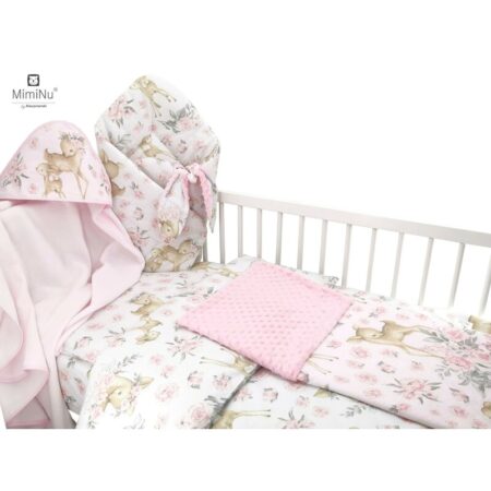 Set bebeluși 6+1 piese, păturică de înfășat, prosop, păturică, cearceaf, față de pernă, husă pilotă și jucărie textilă, MimiNu, Sweet Deer Pink
