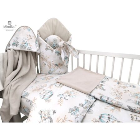Set bebeluși 6+1 piese, păturică de înfășat, prosop, păturică, cearceaf, față de pernă, husă pilotă și jucărie textilă, MimiNu, Zoo on Bikes Nugat