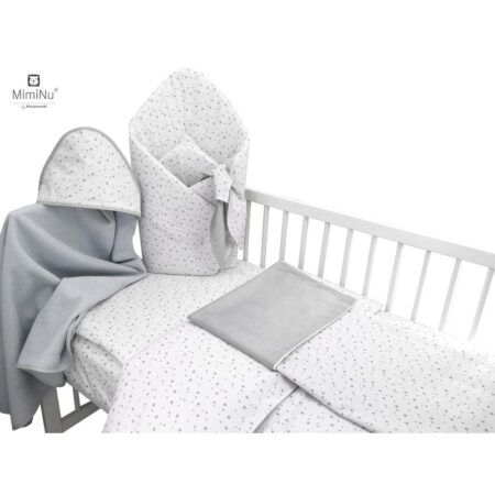 Set bebeluși 6+1 piese, păturică de înfășat, prosop, păturică, cearceaf, față de pernă, husă pilotă și jucărie textilă, MimiNu, Mini Gray Stars