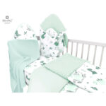Set bebeluși 6+1 piese, păturică de înfășat, prosop, păturică, cearceaf, față de pernă, husă pilotă și jucărie textilă, MimiNu, Dino Mint