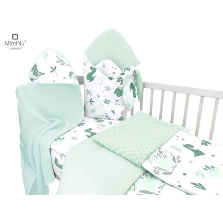 Set bebeluși 6+1 piese, păturică de înfășat, prosop, păturică, cearceaf, față de pernă, husă pilotă și jucărie textilă, MimiNu, Dino Mint