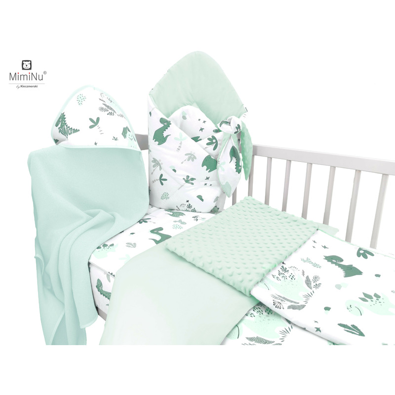 Set bebeluși 6+1 piese, păturică de înfășat, prosop, păturică, cearceaf, față de pernă, husă pilotă și jucărie textilă, MimiNu, Dino Mint