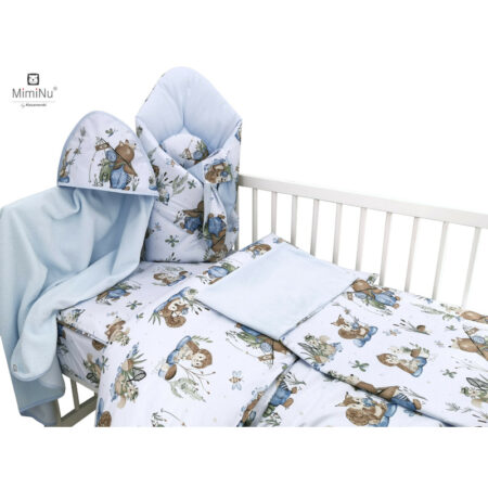 Set bebeluși 6+1 piese, păturică de înfășat, prosop, păturică, cearceaf, față de pernă, husă pilotă și jucărie textilă, MimiNu, Design, Let's Go Blue
