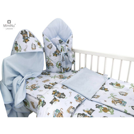 Set bebeluși 6+1 piese, păturică de înfășat, prosop, păturică, cearceaf, față de pernă, husă pilotă și jucărie textilă, MimiNu, Pirates Blue