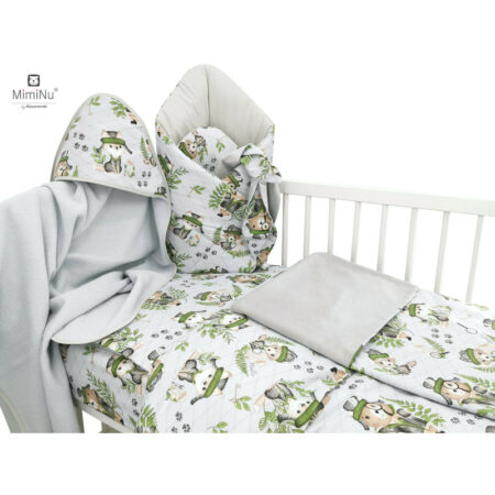 Set bebeluși 6+1 piese, păturică de înfășat, prosop, păturică, cearceaf, față de pernă, husă pilotă și jucărie textilă, MimiNu, Detective Natural