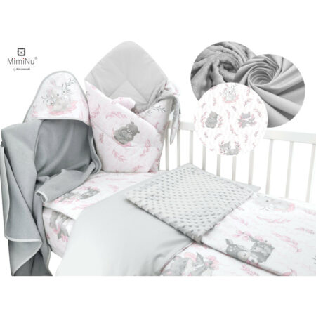 Set bebeluși 6+1 piese, păturică de înfășat, prosop, păturică, cearceaf, față de pernă, husă pilotă și jucărie textilă, MimiNu, Lulu Rose