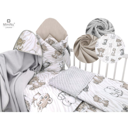 Set bebeluși 6+1 piese, păturică de înfășat, prosop, păturică, cearceaf, față de pernă, husă pilotă și jucărie textilă, MimiNu, Safari Beige