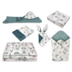 Set bebeluși 6+1 piese, păturică de înfășat, prosop, păturică, cearceaf, față de pernă, husă pilotă și jucărie textilă, MimiNu, Parachutes Olive