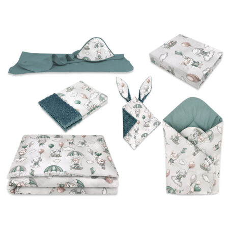Set bebeluși 6+1 piese, păturică de înfășat, prosop, păturică, cearceaf, față de pernă, husă pilotă și jucărie textilă, MimiNu, Parachutes Olive