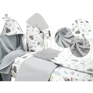 Set bebeluși 6+1 piese, păturică de înfășat, prosop, păturică, cearceaf, față de pernă, husă pilotă și jucărie textilă, MimiNu, Forest Friends Mint