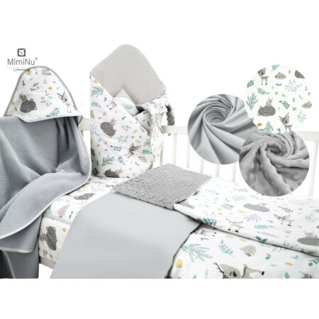 Set bebeluși 6+1 piese, păturică de înfășat, prosop, păturică, cearceaf, față de pernă, husă pilotă și jucărie textilă, MimiNu, Forest Friends Mint