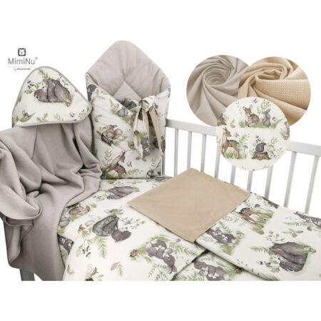 Set bebeluși 6+1 piese, păturică de înfășat, prosop, păturică, cearceaf, față de pernă, husă pilotă și jucărie textilă, MimiNu, Calm Forest Natural