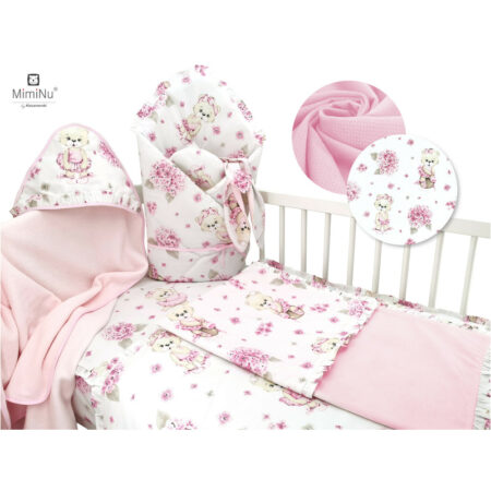 Set bebeluși 6+1 piese, păturică de înfășat, prosop, păturică, cearceaf, față de pernă, husă pilotă și jucărie textilă, MimiNu, Pink Ballerina