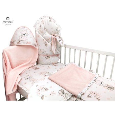 Set bebeluși 6+1 piese, păturică de înfășat, prosop, păturică, cearceaf, față de pernă, husă pilotă și jucărie textilă, MimiNu, Powdery Pink Ballerina