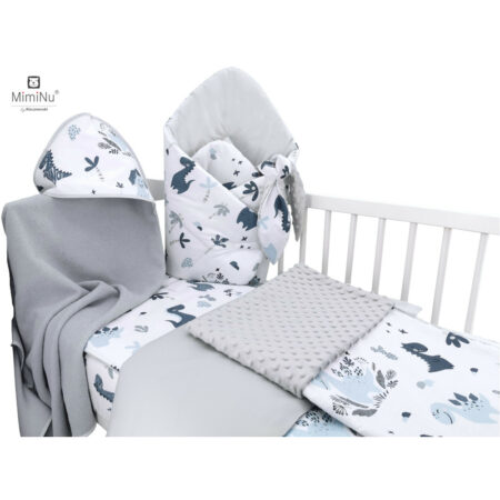 Set bebeluși 6+1 piese, păturică de înfășat, prosop, păturică, cearceaf, față de pernă, husă pilotă și jucărie textilă, MimiNu, Dino Granat
