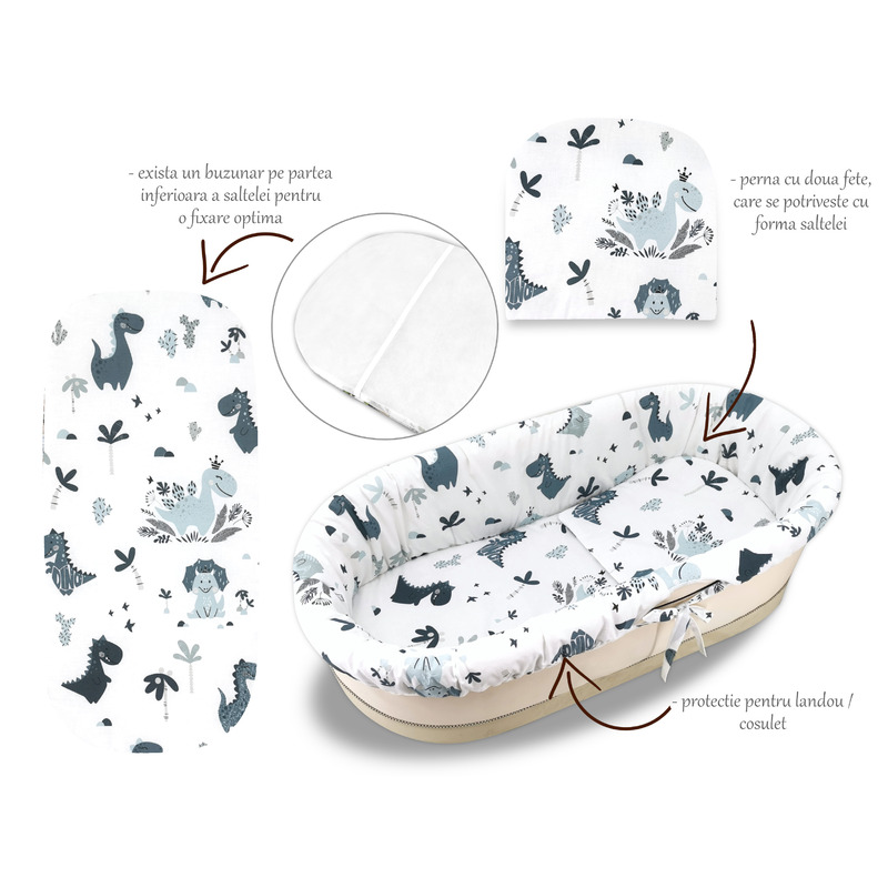 Set pentru landou/coșuleț cu protecție, saltea și pernă, Bumbac, MimiNu, Fox - Image 3