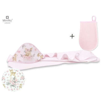 Set prosop de baie cu glugă și Mănușă, 100x100 cm, MimiNu, Sweet Deer Pink