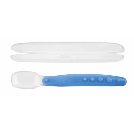 Lingură cu mâner arcuit, 360 grade, cu carcasă de depozitare, Nuby, 3+ luni, Albastru