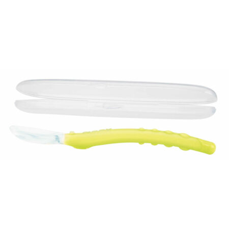 Lingură cu mâner arcuit, 360 grade, cu carcasă de depozitare, Nuby, 3+ luni, Galben