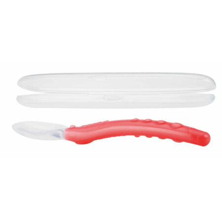 Lingură cu mâner arcuit, 360 grade, cu carcasă de depozitare, Nuby, 3+ luni, Roșu