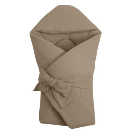 Păturică de înfășat cu glugă și închidere cu panglică, din muselină, 75x75 cm, New Baby, Beige