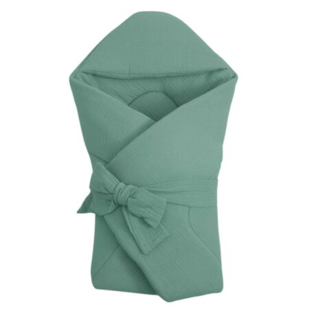 Păturică de înfășat cu glugă și închidere cu panglică, din muselină, 75x75 cm, New Baby, Green