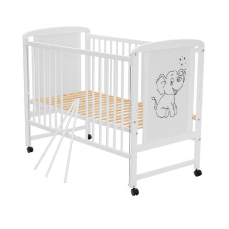 Pătuț din lemn și mdf bebe, 120x60 cm, cu laterală culisantă, înălțime saltea reglabilă pe 3 nivele, laterală cu 3 bețe detașabile, Qmini, Timmi Elephant