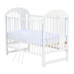 Pătuț din lemn bebe cu laterală culisantă cu 3 bețe detașabile, 120x60 cm, înălțime saltea reglabilă pe 3 nivele,  Alb, Qmini, Julia II, Elefănțel