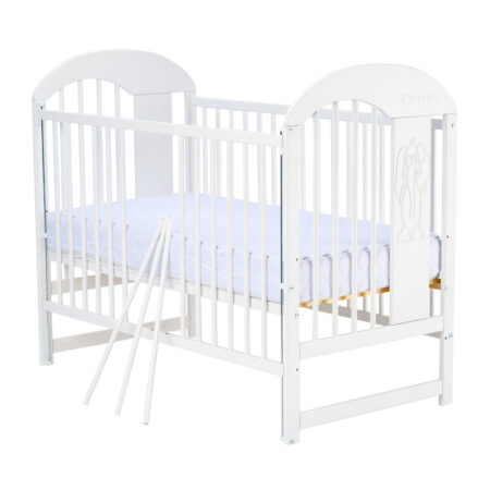Pătuț din lemn bebe cu laterală culisantă cu 3 bețe detașabile, 120x60 cm, înălțime saltea reglabilă pe 3 nivele, Alb, Qmini, Julia II, Elefănțel