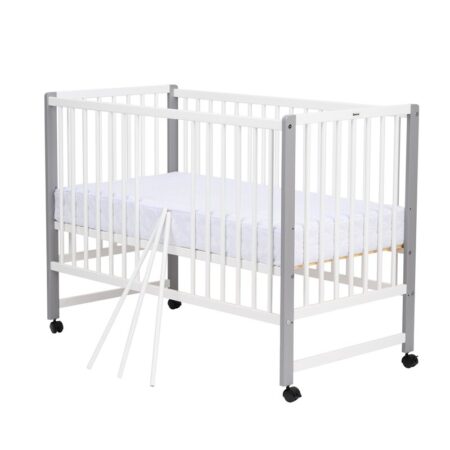 Pat din lemn și MDF 120x60 cm, înălțime saltea reglabilă pe 3 nivele, Laterală cu 3 bețe detașabile, Qmini, Maya