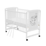 Pătuț din lemn bebe și mdf, 120x60 cm, înălțime saltea reglabilă pe 3 nivele, Laterală cu 3 bețe detașabile, Alb, Qmini, Timmi Elephant
