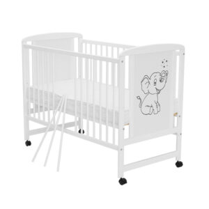 Pătuț din lemn bebe și mdf, 120x60 cm, înălțime saltea reglabilă pe 3 nivele, Laterală cu 3 bețe detașabile, Alb, Qmini, Timmi Elephant