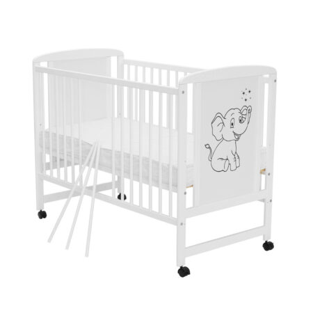 Pătuț din lemn bebe și mdf, 120x60 cm, înălțime saltea reglabilă pe 3 nivele, Laterală cu 3 bețe detașabile, Alb, Qmini, Timmi Elephant