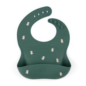 Bavetă reglabilă din silicon cu buzunar colector, Petite&Mars, Model Dinozauri, verde