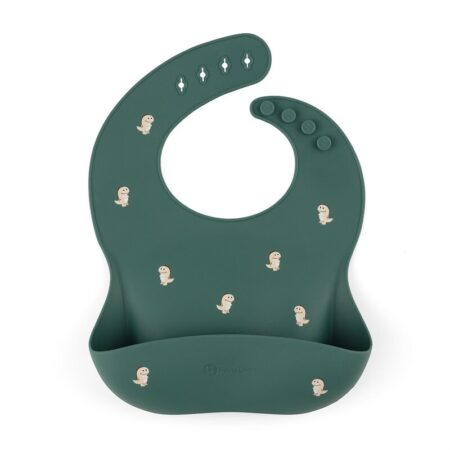 Bavetă reglabilă din silicon cu buzunar colector, Petite&Mars, Model Dinozauri, verde