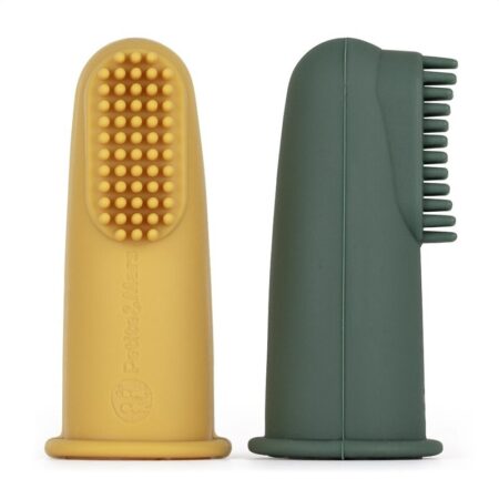 Set 2 periuțe de dinți pentru deget, cu peri moi, din silicon, 0 luni+, Petite&Mars, Galben/Verde