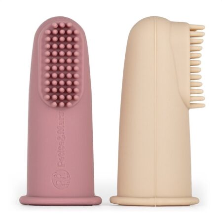 Set 2 periuțe de dinți pentru deget, cu peri moi, din silicon, 0 luni+, Petite&Mars, Roz/Bej