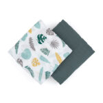 Set scutece 2 piese din muselină de bambus, 120 x 120 cm, Petite&Mars, Misty Green Leaves, Multicolor