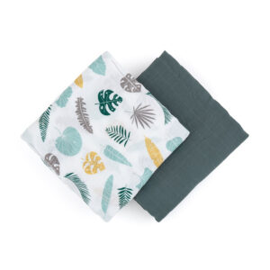 Set scutece 2 piese din muselină de bambus, 120 x 120 cm, Petite&Mars, Misty Green Leaves, Multicolor